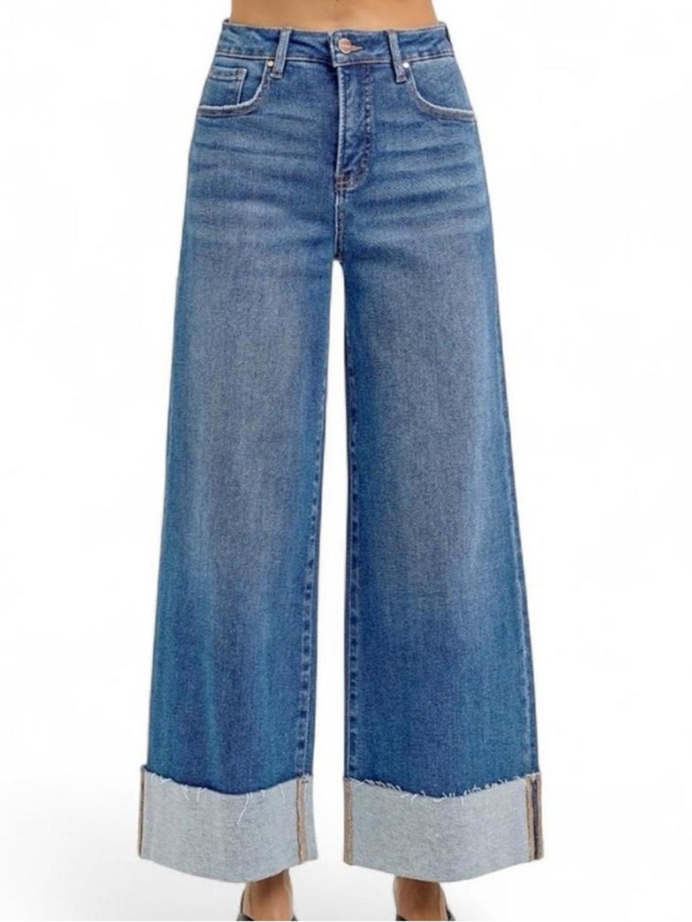 High-Rise Wide Leg Cuffed Jeans - Blue Denim